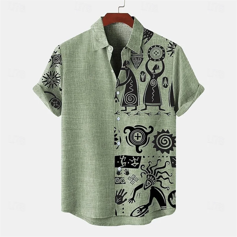 Men's shirt linen summer shirt beachwear blue short sleeved solid color lapel summer casual