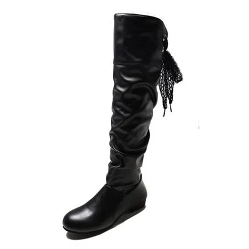 2024Shoes For Women Knee High Boots Red Black White Tall Boots Woman Pleated Low Heel Casual Leather Female Long Shoes