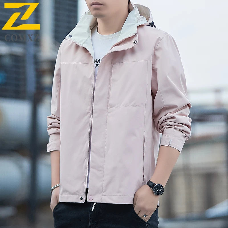 Jacket Men's 2025 Spring and Autumn Fashion Casual Waterproof Hooded Windbreaker Male Outdoor Camping Sports Solid Color Coat