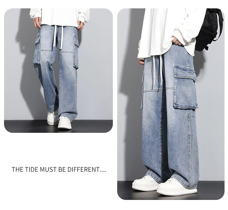 Men's Straight Cargo Jeans New Elastic Waist Multi-pockets Baggy Denim Pants Y2K Fashion Harajuku Streetwear Trousers Male - Premium Kiosk