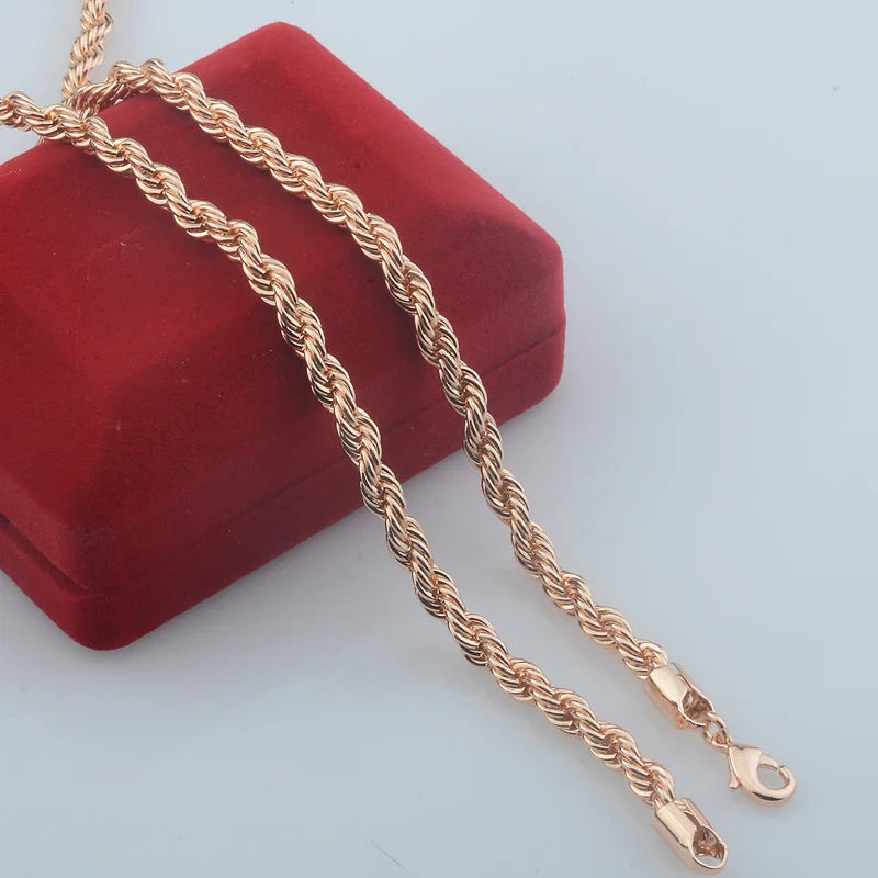 5mm Women Men 585 Rose Gold Color Rope Style Necklace Bracelet Set Jewelry