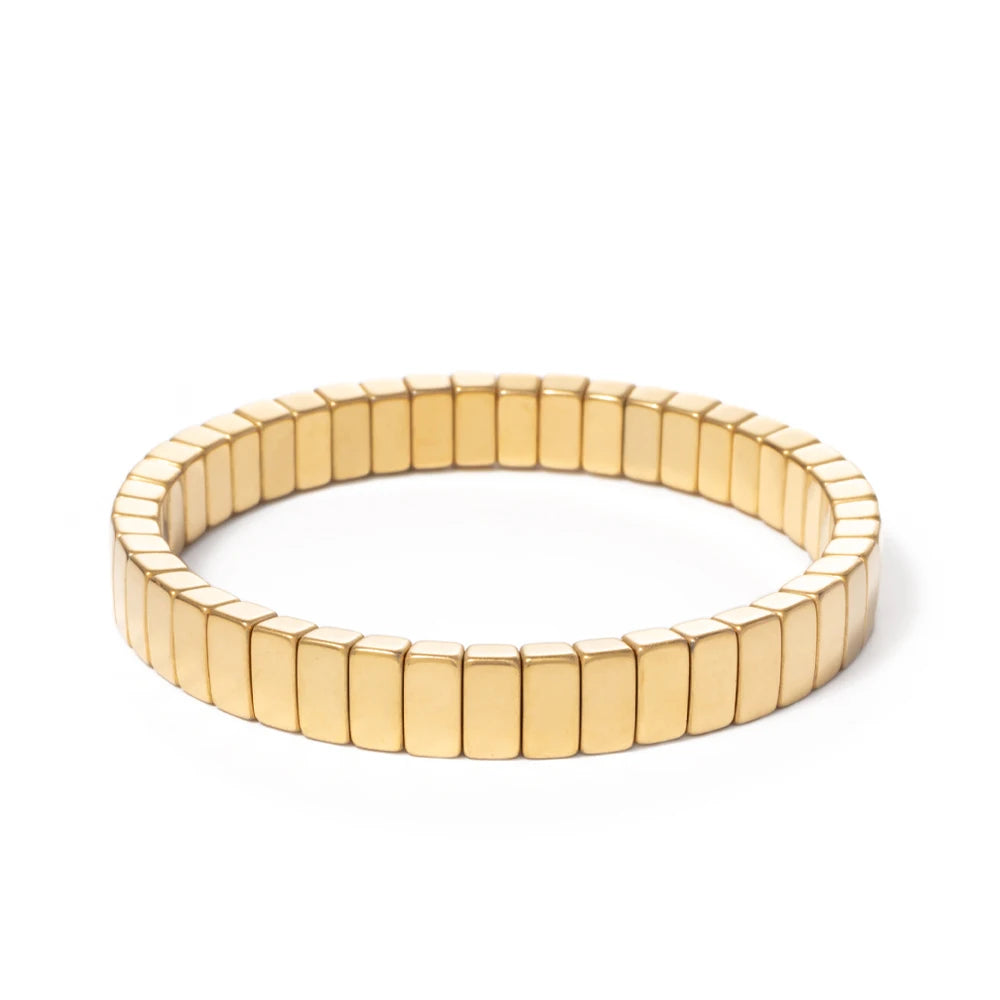 2024 New Design Golden Bracelets For Women Gold Color Hematite Beaded Elastic Bangle Sets Square Shape Beads Accessory