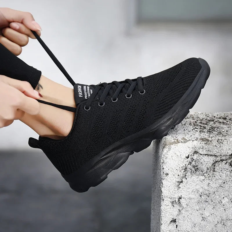 Women's Black Breathable Knitted Sneakers Casual Lace Up Outdoor Walking Shoes Comfortable Fashionable Versatile Tennis Shoes