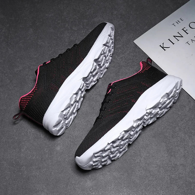 Women's Black Breathable Knitted Sneakers Casual Lace Up Outdoor Walking Shoes Comfortable Fashionable Versatile Tennis Shoes