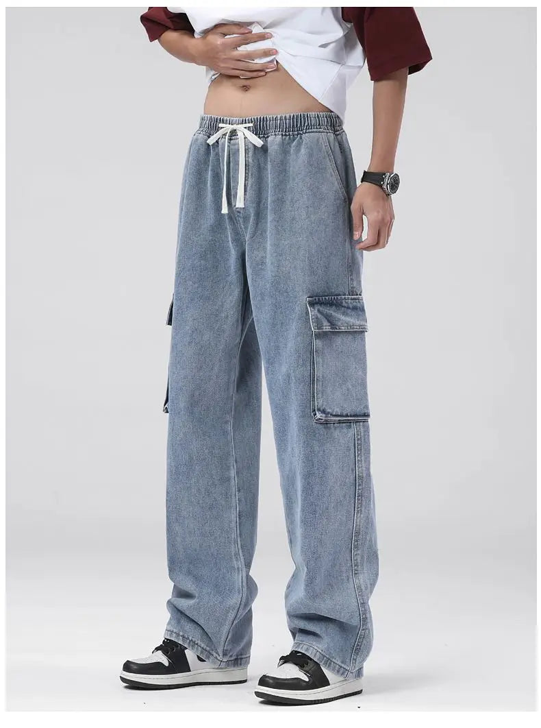 Men's Baggy Straight Cargo Jeans Elastic Waist Drawstring Casual Pants High Street Fashion Vintage Trousers Male Trendy Brand