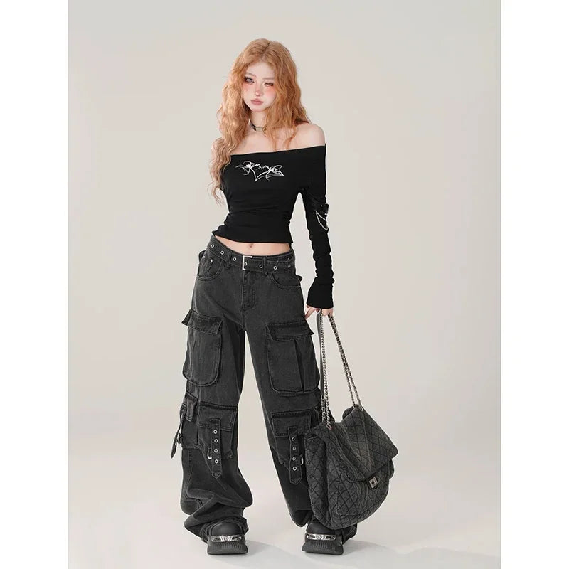 Y2K 2000S Black Cargo Jeans Women Vintage Streetwear Wide Leg Denim Pants Harajuku Aesthetic High Waist Baggy Straight Trousers - Premium Kiosk