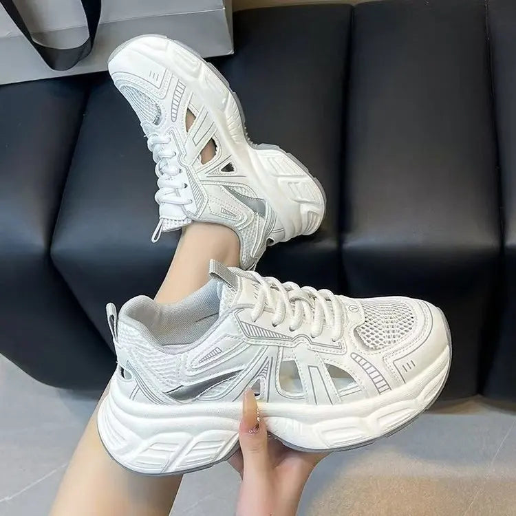 2025 New Fashion Dad Shoes -Breathable Hollow-Out Sneakers with Contrast Laces, Lightweight Summer Walking Shoes for Travel