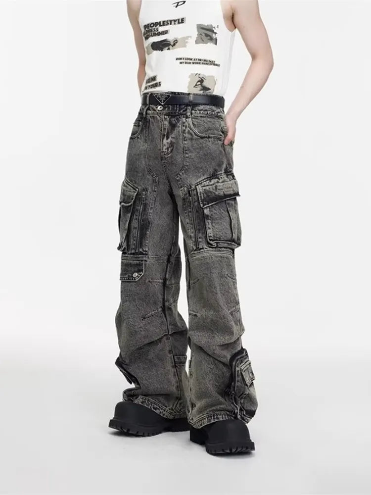 2025 Cyber Y2K Streetwear Washed Grey Baggy Cargo Jeans Pants For Men 90S Vintage Clothes Wide Leg Zipper Gothic Denim Trousers - Premium Kiosk