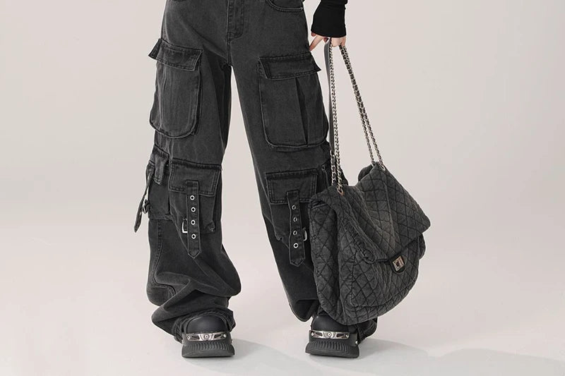 Y2K 2000S Black Cargo Jeans Women Vintage Streetwear Wide Leg Denim Pants Harajuku Aesthetic High Waist Baggy Straight Trousers - Premium Kiosk