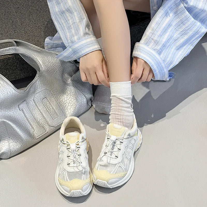 Women's Dad Shoes Thick Sole Heightening 2025 Spring Autumn Pure Color Adult Laced Comfortable Polyurethane Casual Sports Shoes
