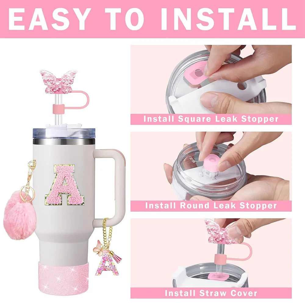 8pcs Cup Accessories for Stanley Cup 30oz 40oz Includes Butterfly Straw Cover Cap Silicone Boot Handle Charm Initials Sticker