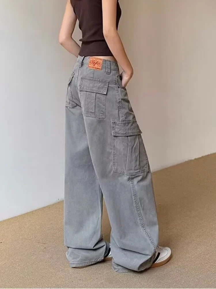 2025 Ropa Y2K Fashion Vintage Grey Baggy Cargo Jeans Pants For Women Clothing Wide Leg Kpop Casual Lady Trousers Pantalon Femme - Premium Kiosk
