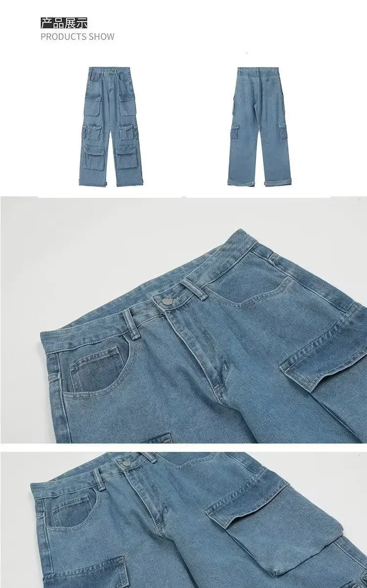 Men's Cargo Jeans Spring New Fashion Hip Hop Streetwear Multi Pocket Loose Blue Wide Legs Denim Pants Personalized Y2K Trousers - Premium Kiosk