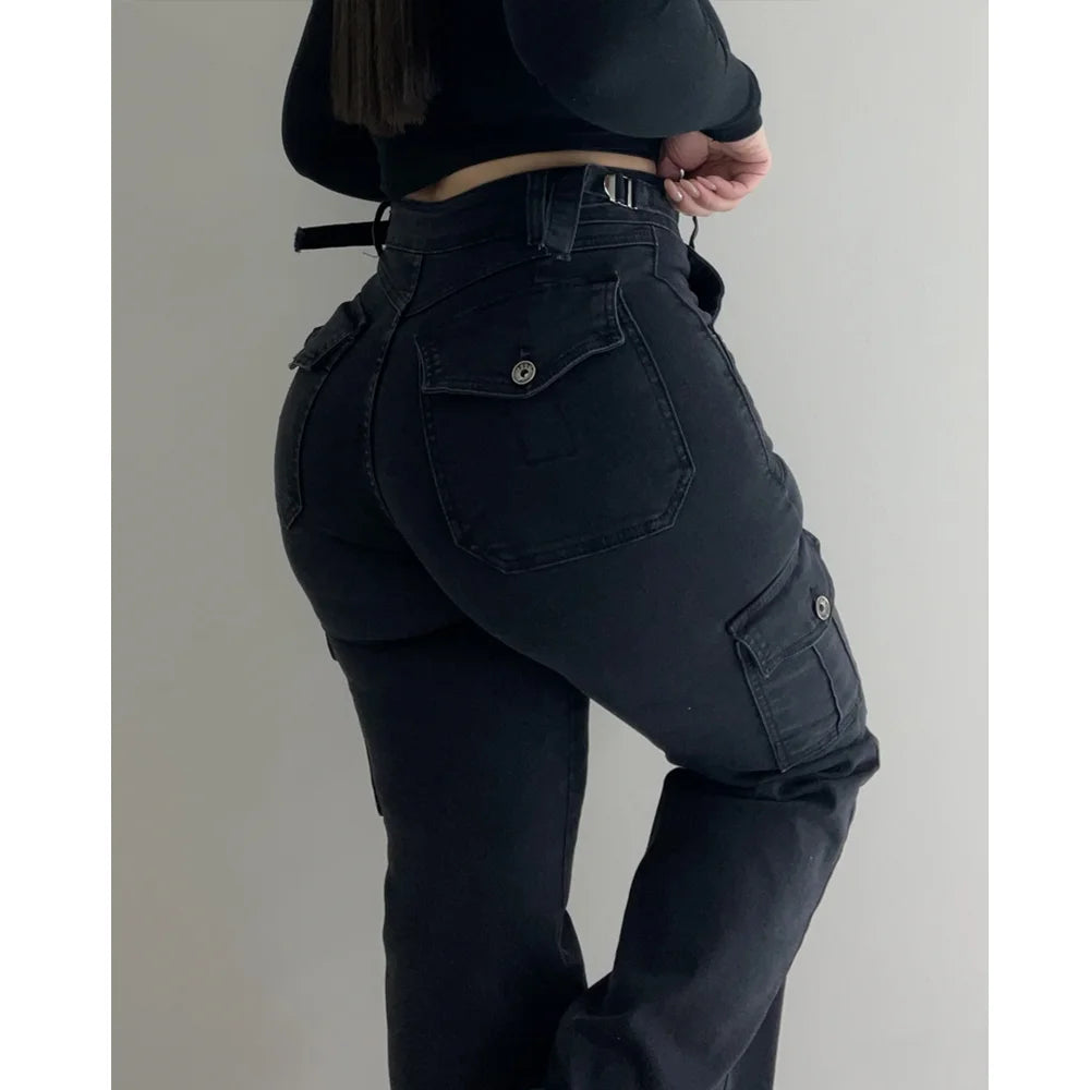 Women Straight Cargo Jeans Women's Streetwear Stretchy High Waisted Jeans Unique Multi-Pocket Female Trousers Pocket Design - Premium Kiosk