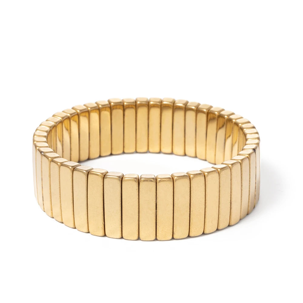 2024 New Design Golden Bracelets For Women Gold Color Hematite Beaded Elastic Bangle Sets Square Shape Beads Accessory