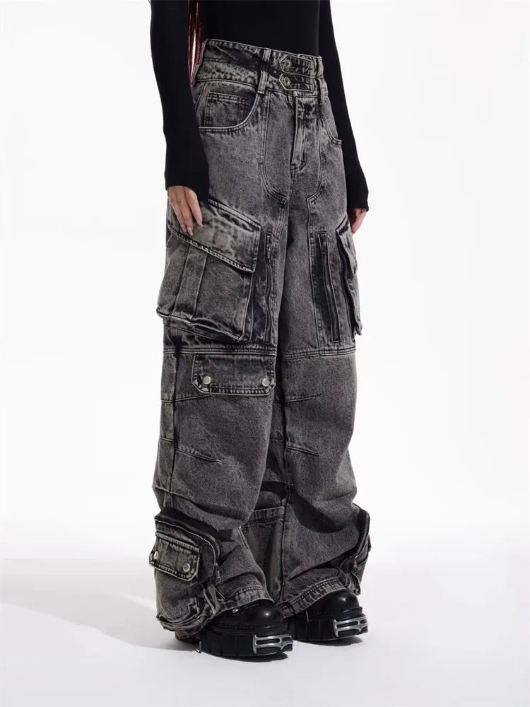 2025 Cyber Y2K Streetwear Washed Grey Baggy Cargo Jeans Pants For Men 90S Vintage Clothes Wide Leg Zipper Gothic Denim Trousers - Premium Kiosk
