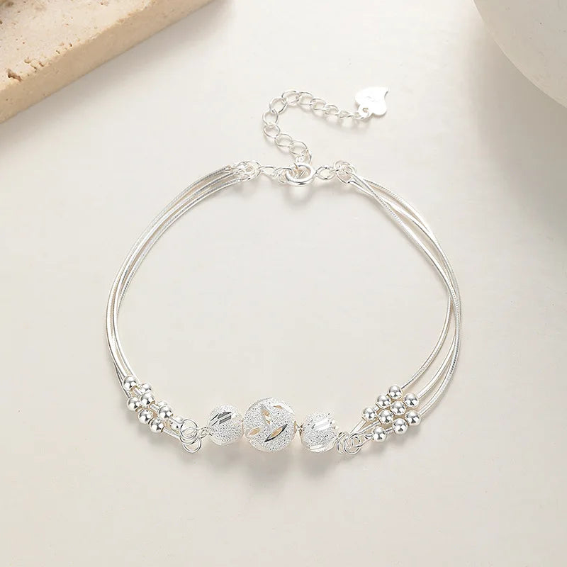 100% Solid 925 Sterling Silver Metal Bracelets for Women Men Adjustable Beads Handmade Simple Birthday Christmas Gift