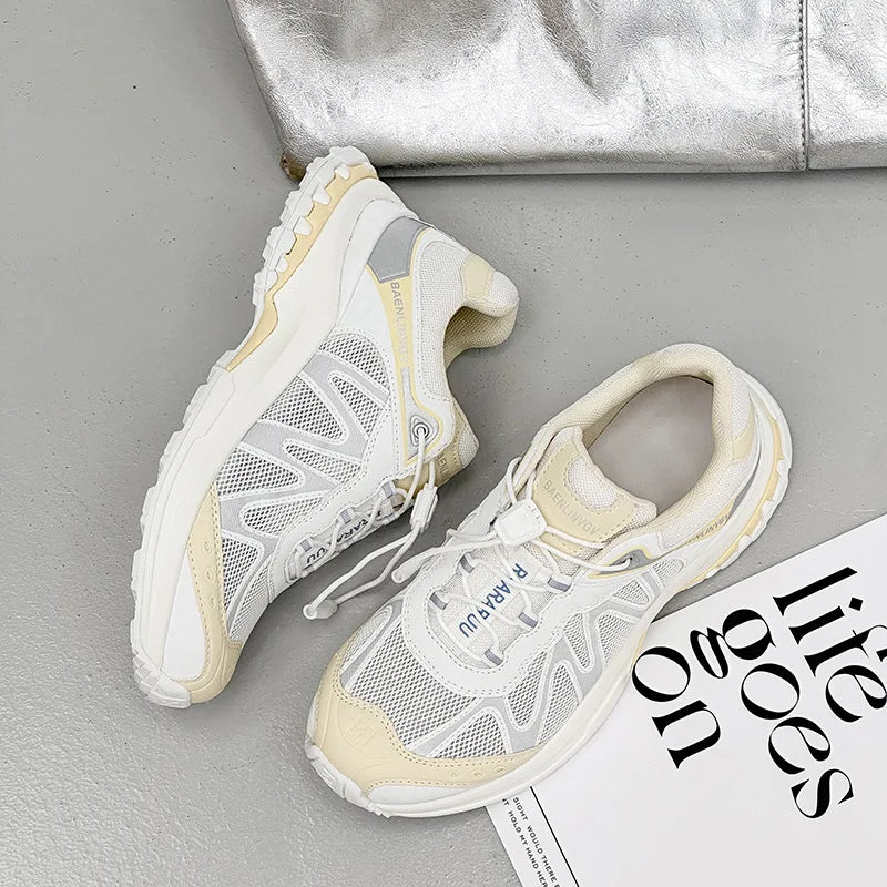 Women's Dad Shoes Thick Sole Heightening 2025 Spring Autumn Pure Color Adult Laced Comfortable Polyurethane Casual Sports Shoes