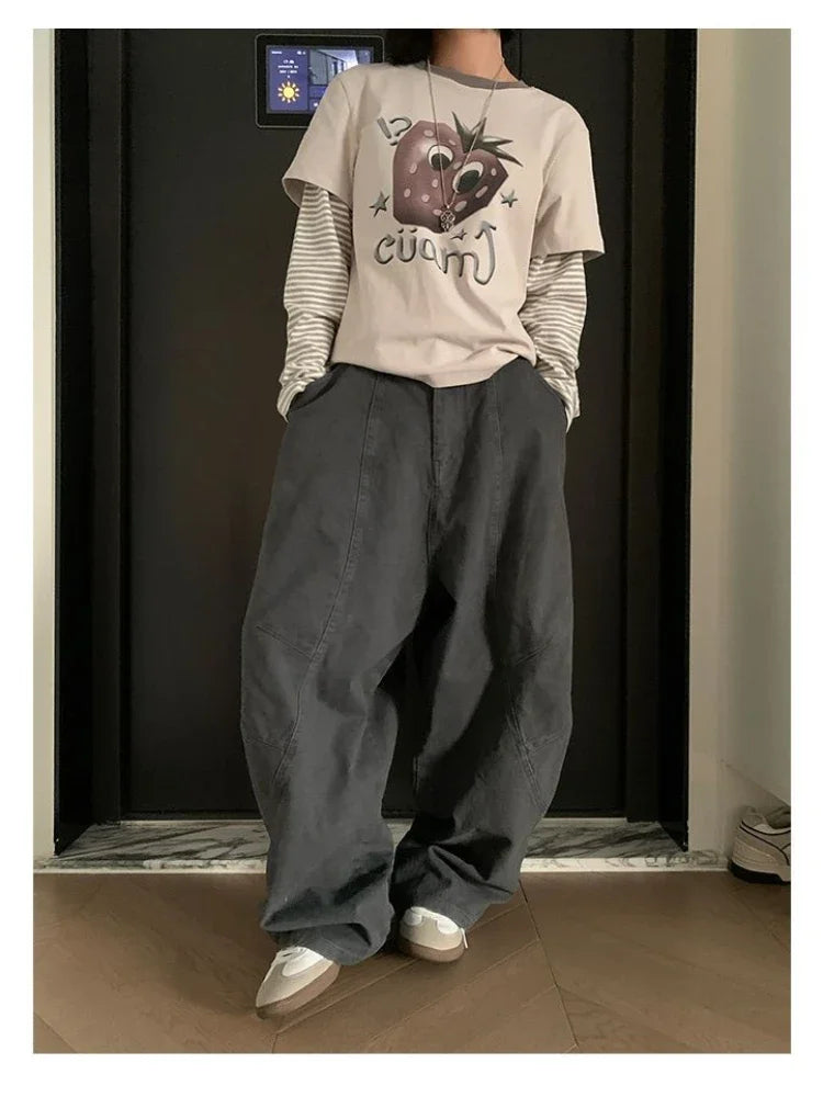 Women's Y2K Vintage Wash Cargo Jeans Harajuku Scimitar Wide Leg American Retro Denim Pants Baggy Trousers Gyaru Streetwear - Premium Kiosk