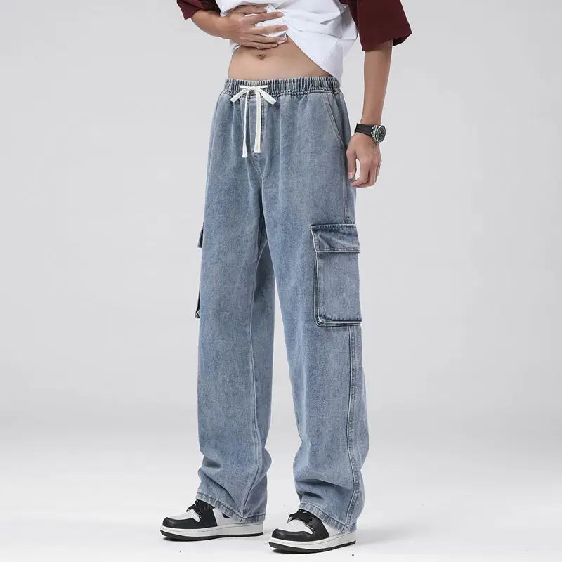 Men's Baggy Straight Cargo Jeans Elastic Waist Drawstring Casual Pants High Street Fashion Vintage Trousers Male Trendy Brand