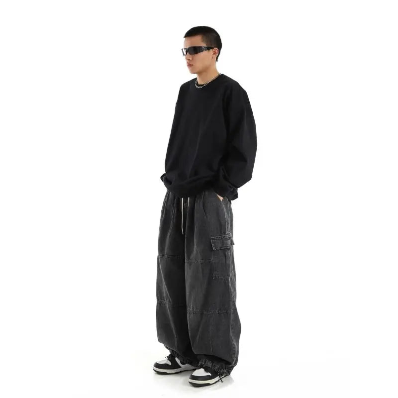 Y2k Black Baggy Cargo Jeans Trousers Men Streetwear Casual Hippie Jogging Wide leg Oversize Old Money Vintage Denim Pants - Premium Kiosk