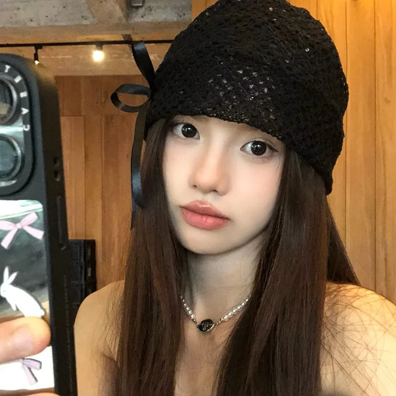 Women's Hat Hollow Bow Solid Color Simple Versatile Fashionable Personalized Pile Caps Girls Elastic Sweet Elegant Lace Y2k Hats