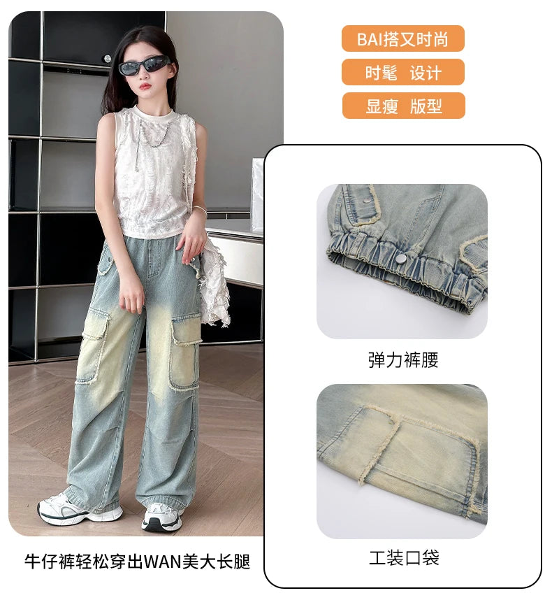 4-14 teen girls Jeans Summer Kids Cargo Pants Fashion casual versatile gradient Side Big Pocket Soft Thin denim wide leg pants - Premium Kiosk