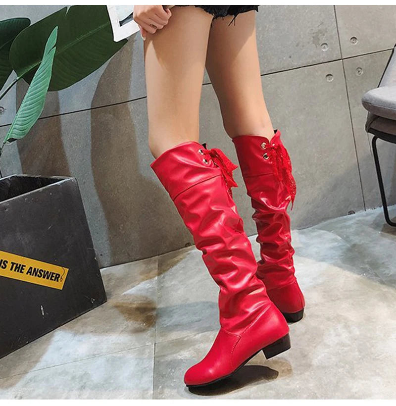 2023Shoes For Women Knee High Boots Red Black White Tall Boots Woman Pleated Low Heel Casual Leather Female Long Shoes
