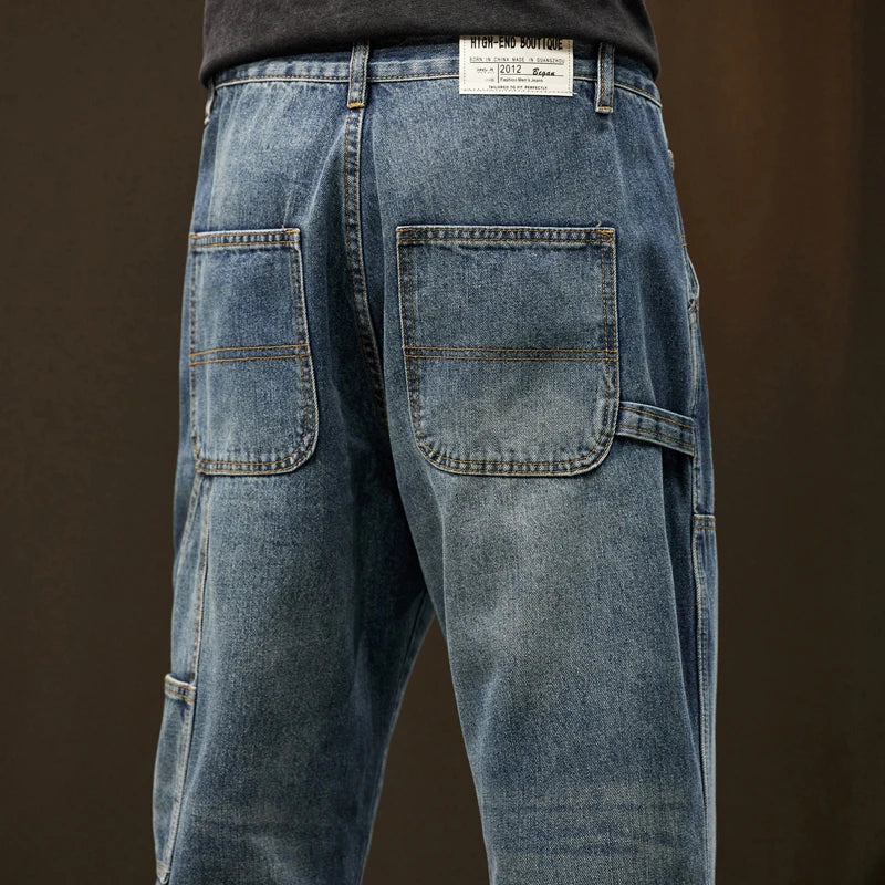 2024 Cargo Jeans Men Harem Pants Loose Baggy Pants Blue Patched Fashion Designer Pockets Trousers Oversized Tapered Streetwear - Premium Kiosk
