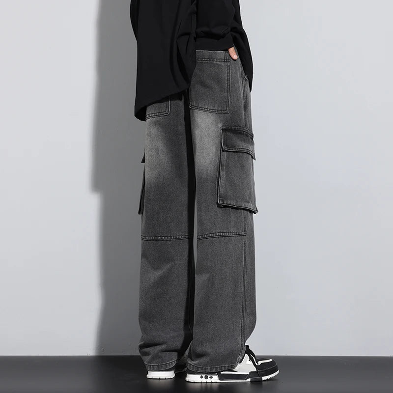 Men's Straight Cargo Jeans New Elastic Waist Multi-pockets Baggy Denim Pants Y2K Fashion Harajuku Streetwear Trousers Male - Premium Kiosk
