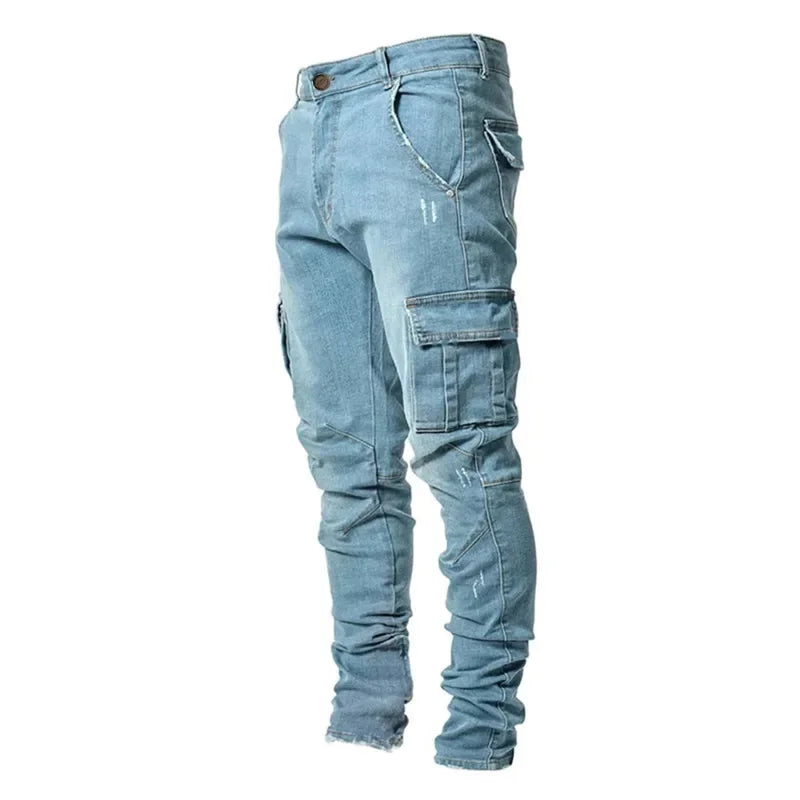 Fashion New Men's Denim Cargo Pants Multi-pockets Design Solid Slim Jeans Men Street Elastic Cowboy Trousers Daily Wear Joggers
