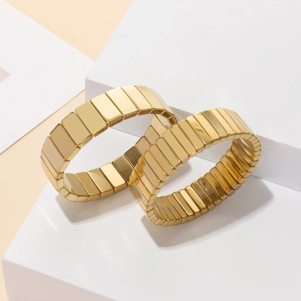 2024 New Design Golden Bracelets For Women Gold Color Hematite Beaded Elastic Bangle Sets Square Shape Beads Accessory