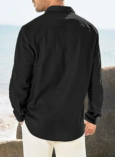 Men's Shirt Double-pocket Long-sleeved Shirt Casual Holiday Shirt Solid Color Simple Lapel Solid Color Work Shirt Top Shirt
