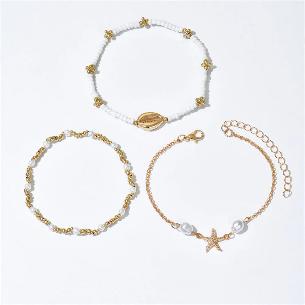 3pcs/set Bohemian Shell Foot Chain Starfish Anklets Sets For Women Gold Color Ankle Bracelet Beach Jewelry Summer Accessories