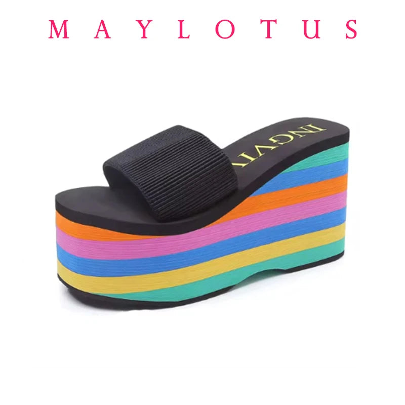 2025 Women Slippers High Heels Flip Flop Wedge Slippers Women Summer 10CM Heels Platform Slippers Flip Flops Womens Black Slides - Premium Kiosk