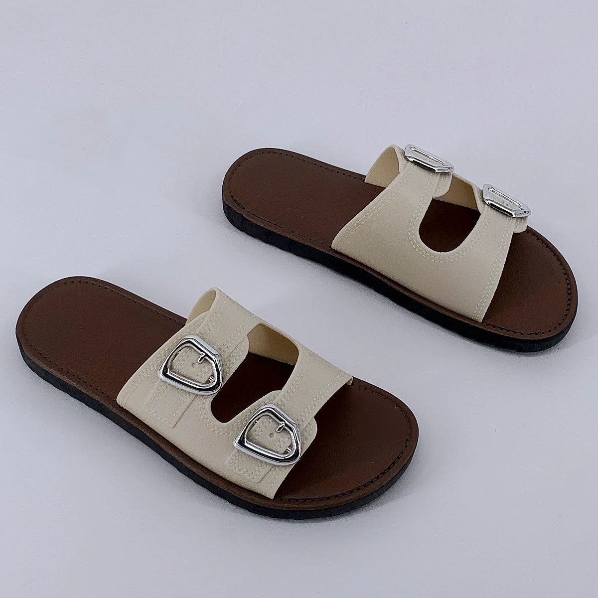 2025 New Slippers for Women Summer Outerwear Fashionable French Flat Soft Sole Anti-Slip Beach Belt Buckle Sandals - Premium Kiosk