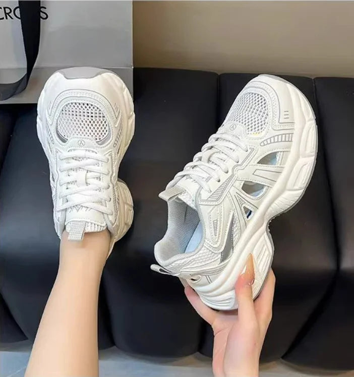 2025 New Fashion Dad Shoes -Breathable Hollow-Out Sneakers with Contrast Laces, Lightweight Summer Walking Shoes for Travel