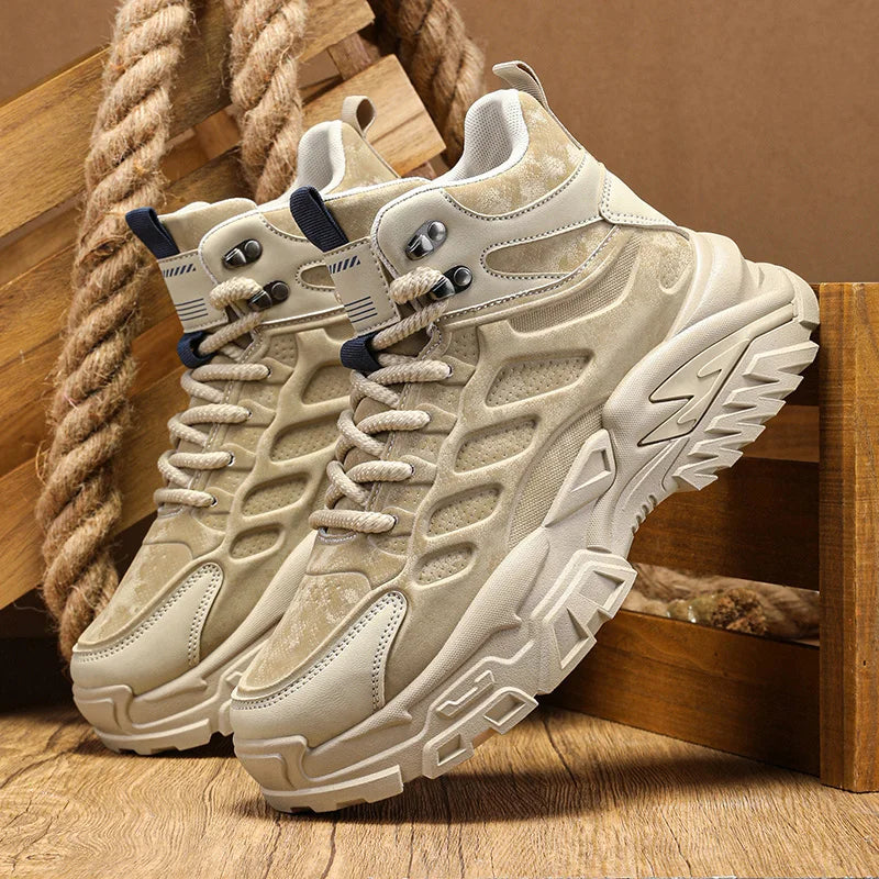 2025 Men's high-top thick-sole casual shoes versatile mixed material daddy sneakers outdoor tooling wear-resistant men's shoes