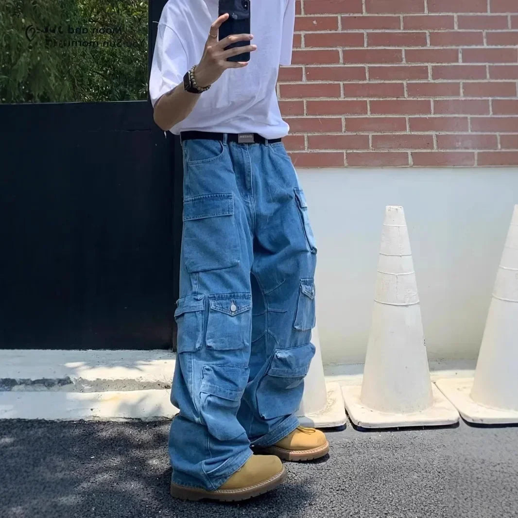 Men's Cargo Jeans Spring New Fashion Hip Hop Streetwear Multi Pocket Loose Blue Wide Legs Denim Pants Personalized Y2K Trousers - Premium Kiosk