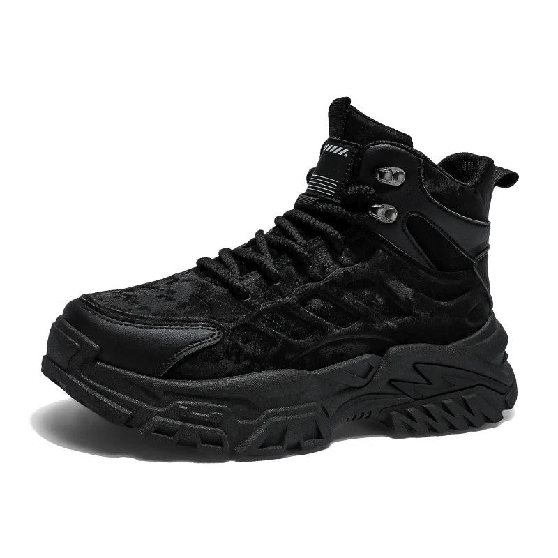 2025 Men's high-top thick-sole casual shoes versatile mixed material daddy sneakers outdoor tooling wear-resistant men's shoes
