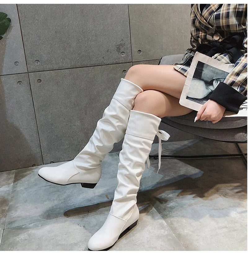 2023Shoes For Women Knee High Boots Red Black White Tall Boots Woman Pleated Low Heel Casual Leather Female Long Shoes