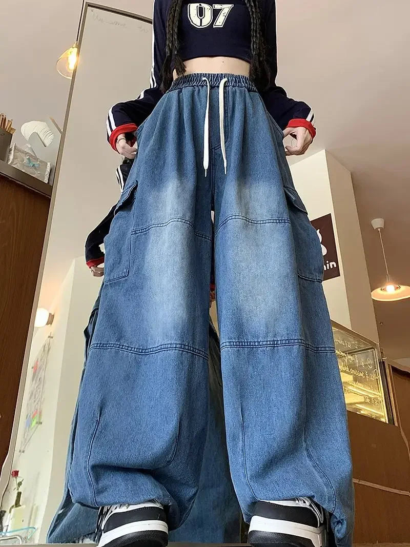 Cargo Jean Loose Wide Leg Workwear Jeans Elastic Waist Men and Women Spring Autumn Faion Brand Waed Out Trousers Straight Cut
