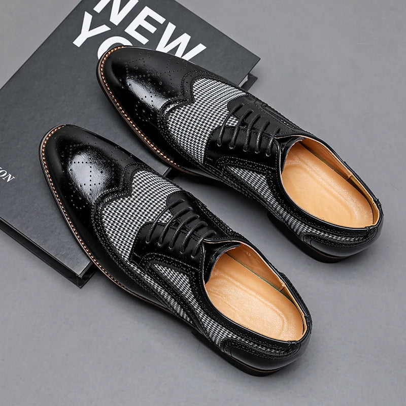 2025 Spring British Two-Tone Brogue Shoes Men Leather Low-Cut Casual Shoes Anti-Slip Breathable Office Daily Wear Oxford Shoes