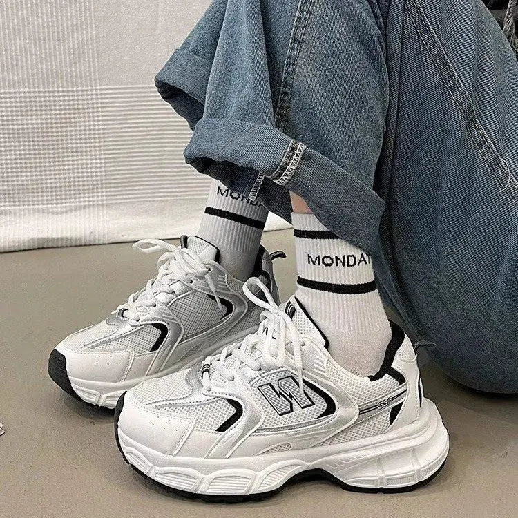 2025 Women's Dad Sneakers, Color-Block Thick-Sole Breathable White Sports Shoes, Casual Running