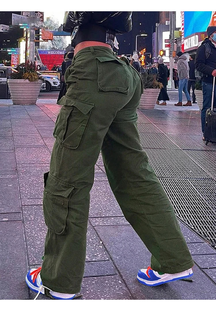 Womens New Denim Cargo Pants Retro Loose Trousers Multi Pocket Hip Hop Jeans Streetwear Wide Leg Casual Straight Pants TC708321 - Premium Kiosk