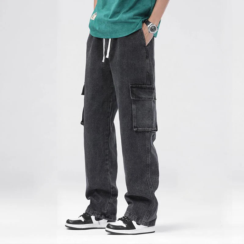 Men's Baggy Straight Cargo Jeans Elastic Waist Drawstring Casual Pants High Street Fashion Vintage Trousers Male Trendy Brand