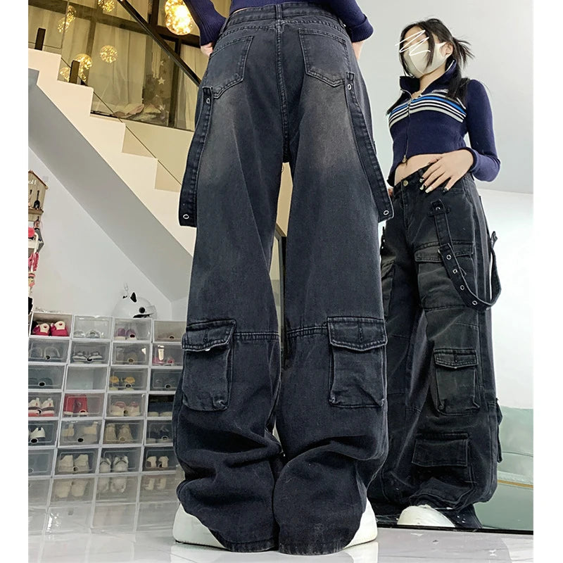 Women's Black Baggy Cargo Jeans Harajuku Oversize Denim Trousers Y2k 90s Vintage 2000s Jean Pants Trashy Clothes 2025 - Premium Kiosk
