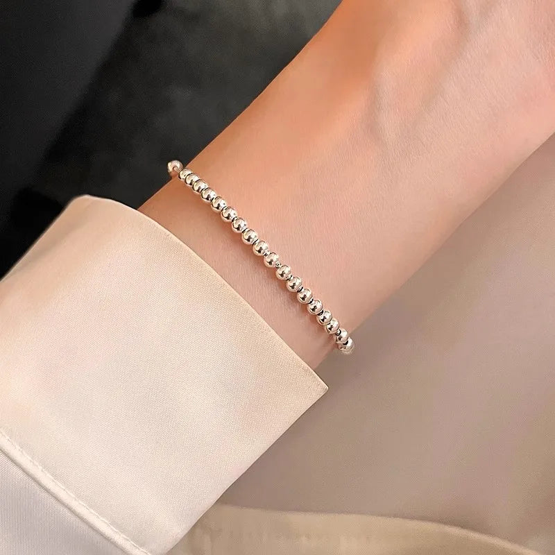 100% Solid 925 Sterling Silver Metal Bracelets for Women Men Beads Adjustable Handmade Simple Bracelet Birthday Christmas Gifts