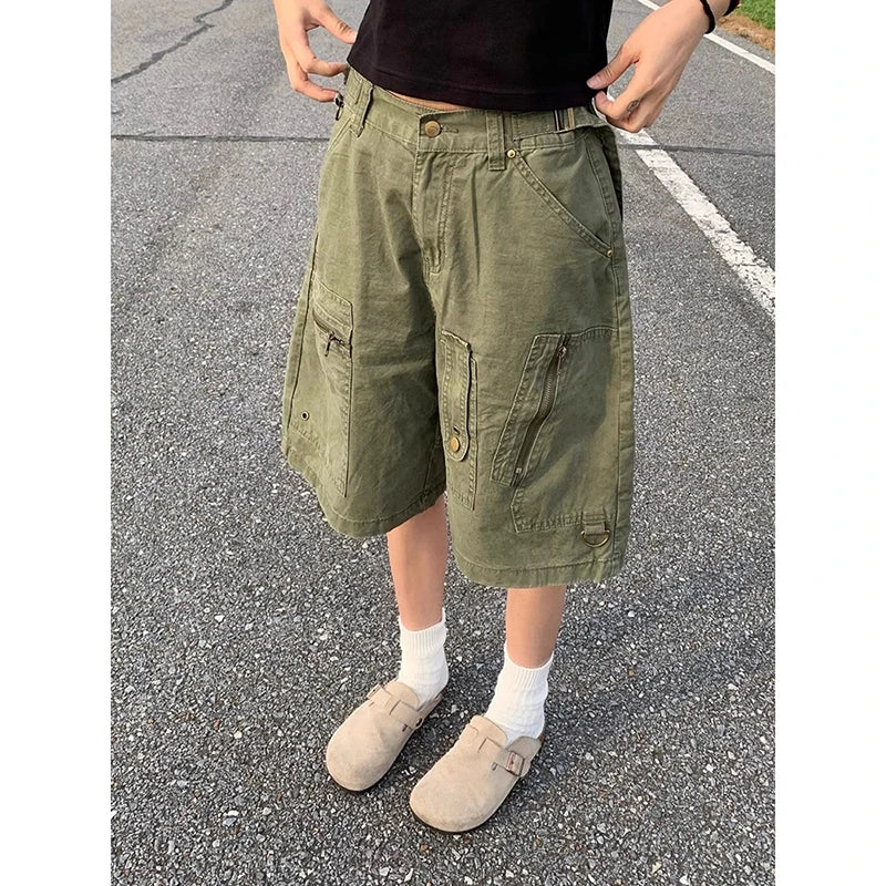 ZHIZOU Women Cargo Short Jeans American Vintage Y2K Straight Streetwear Wide Leg Pants High Waist Summer Knee Length Denim Short - Premium Kiosk