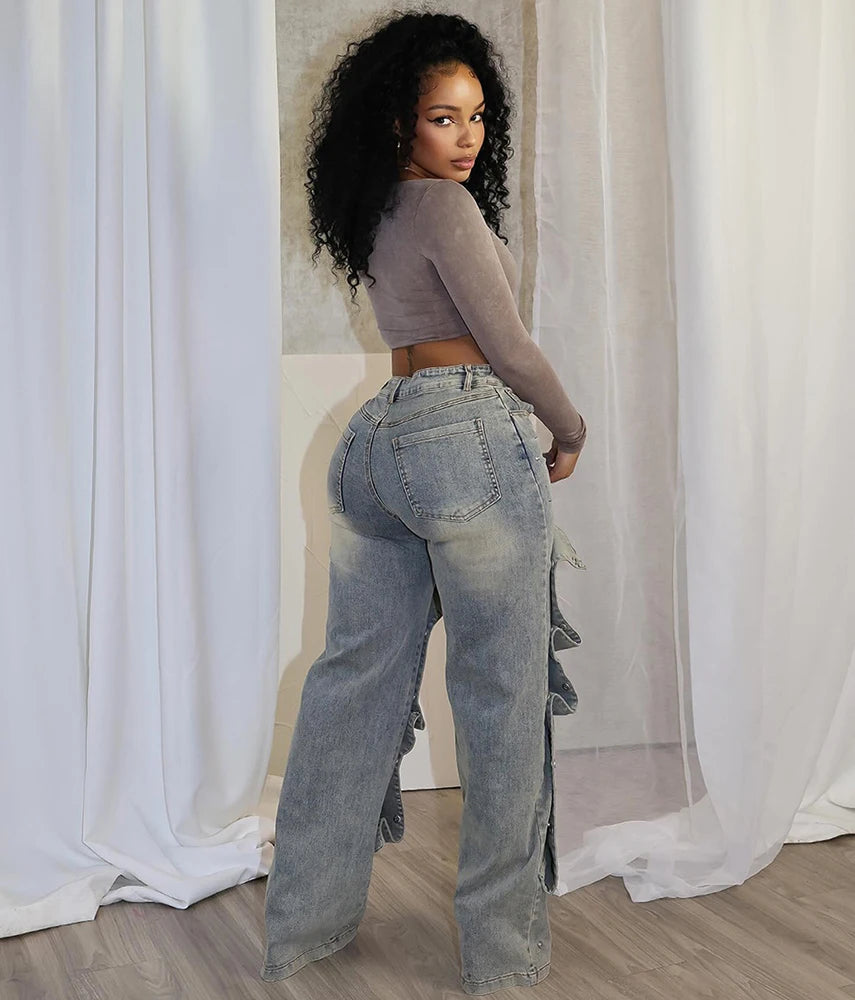 Women Streetwear Button Cutout Cargo Straight Denim Wide Leg Jeans Pants 2024 Elastic INS Fashion Party Cargo Trousers - Premium Kiosk